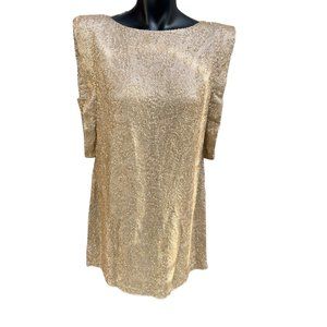 Lamb Sleeveless Round Neck Gold Sequin 100% Silk Shift Mini Dress Cream Size 6